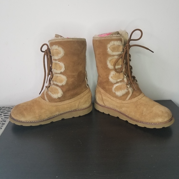 Ugg Womens Boots 7 Rommy Chestnut Suede Leather Sherpa Fur Lined Lace Up Shoes - Picture 10 of 11